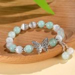 Buddha Stones Chrysoberyl Cat's Eye Chalcedony Butterfly Love Bracelet Bracelet BS Cat's Eye Green Chalcedony(Wrist Circumference: 14-16cm)