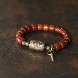 Buddha Stones Bone Beads Dzi Shape Copper Cone Pendant Strength Bracelet