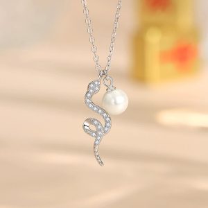 Buddha Stones 925 Sterling Silver Pearl Year Of The Snake Blessing Sincerity Necklace Pendant Necklaces & Pendants BS Snake Pearl White Gold