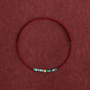 Buddha Stones 999 Gold Beads Turquoise Protection Braided Bracelet Anklet Bracelet Anklet BS Dark Red Rope Anklet(Circumference 18-30cm)