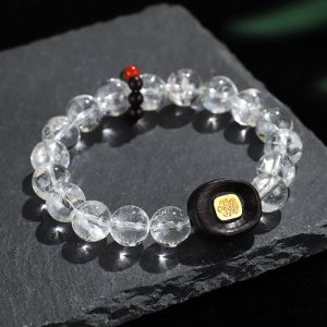 Buddha Stones White Crystal Ebony Wood Sak Yant Zashi Lhamo Healing Bracelet Bracelet BS White Crystal Ebony Wood Sak Yant(Wrist Circumference: 14-16cm)