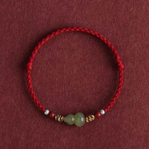 Buddha Stones Natural Hetian Jade Gourd Protection Luck Braided Bracelet Anklet Bracelet Anklet BS Dark Red Rope Children's Anklet(Circumference 14-20cm)