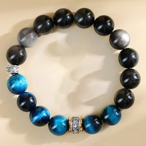 Buddha Stones Blue Tiger Eye Silver Sheen Obsidian Strength Bracelet Bracelet BS Blue Tiger Eye Silver Sheen Obsidian(Wrist Circumference: 14-16cm)