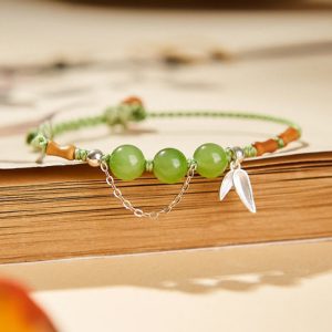 Buddha Stones 925 Sterling Silver Bamboo Leaves Hetian Jade Chalcedony Beads Blessing Braided Bracelet Bracelet BS main