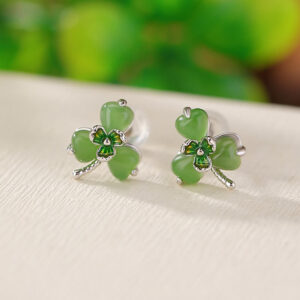 Buddha Stones 925 Sterling Silver Enamel Hetian Jade Shamrock Luck Earrings Earrings BS 925 Sterling Silver Hetian Jade