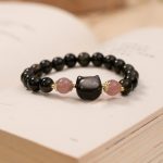 Buddha Stones Black Obsidian Strawberry Quartz Beads Silver Sheen Obsidian Cat Head Strength  Bracelet Bracelet BS 1