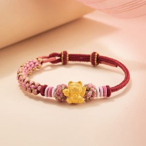 Buddha Stones Handmade 999 Sterling Silver Fortune Cat Ingot Peach Blossom Luck Red Rope Bracelet