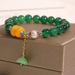 Buddha Stones Green Agate Amber Pearl Lotus Pod Support Bracelet Bracelet BS 2