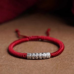 Buddha Stones Handmade 999 Sterling Silver Peace and Good Fortune Om Mani Padme Hum Luck Rope Bracelet Bracelet BS Dark Red(Wrist Circumference 14-20cm) Peace and Good Fortune