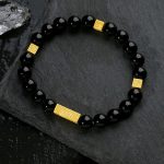Buddha Stones Black Obsidian 925 Sterling Silver Fu Character Cube Strength Bracelet Bracelet BS Black Obsidian 925 Sterling Golden Silver(Wrist Circumference: 17-19cm)