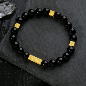Buddha Stones Black Obsidian 925 Sterling Silver Fu Character Cube Strength Bracelet Bracelet BS Black Obsidian 925 Sterling Golden Silver(Wrist Circumference: 17-19cm)