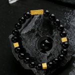 Buddha Stones Black Obsidian 925 Sterling Silver Fu Character Cube Strength Bracelet Bracelet BS 4