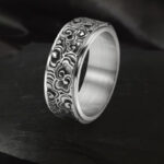 Buddha Stones Auspicious Clouds Pattern Carved Titanium Steel Balance Rotatable Ring Ring BS Silver US13