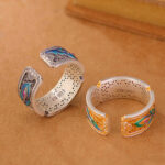 Buddha Stones 999 Sterling Silver Enamel Feather Design Adjustable Calm Ring Ring BS 3