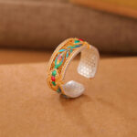 Buddha Stones 999 Sterling Silver Enamel Feather Design Adjustable Calm Ring Ring BS 999 Sterling Silver Gold Enamel(Inner Diameter 54mm-60mm)