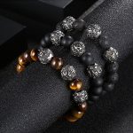 Buddha Stones Natural Tiger Eye Lava Rock Black Obsidian Titanium Steel Six-True-Words Om Mani Padme Hum Protection Bracelet Bracelet BS 18