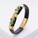 Buddha Stones Double PiXiu Wealth Luck Leather Magnetic Buckle Bracelet Bracelet BS Green PiXiu 18-22cm