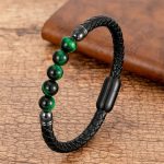 Buddha Stones Blue Agate Tiger Eye Lava Rock Black Onyx Lazurite Bead Protection Leather Bracelet Bracelet BS Green Tiger Eye 18-22cm