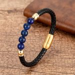 Buddha Stones Blue Agate Tiger Eye Lava Rock Black Onyx Lazurite Bead Protection Leather Bracelet Bracelet BS Lazurite 18-22cm