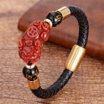 Buddha Stones Tiger Eye Black Onyx Red Agate PiXiu Copper Coin Om Mani Padme Hum Strength Leather Bracelet Bracelet BS Red Agate 18-22cm