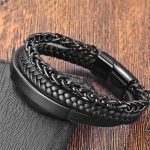 Buddha Stones Multi-layered Titanium Steel Calm Leather Buckle Bracelet Bracelet BS Black(Wrist Circumference: 18-20cm)