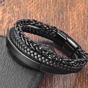 Buddha Stones Multi-layered Titanium Steel Calm Leather Buckle Bracelet Bracelet BS Black(Wrist Circumference: 18-20cm)
