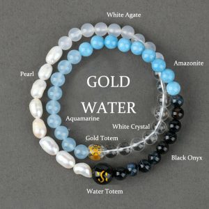Buddha Stones Five Elements Various Agate Crystal Pearl Black Onyx White Agate White Crystal Luck Bracelet Bracelet BS Gold Water(Wrist Circumference: 14-16cm)