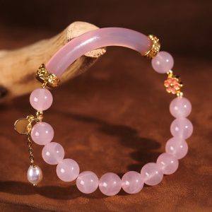 Buddha Stones Pink Crystal Blue Chalcedony Pearl Cuff Half Bracelet Bangle Bracelet BS Pink Crystal Pearl(Inner Diameter: 52mm)