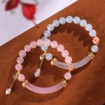 Buddha Stones Pink Crystal Blue Chalcedony Pearl Cuff Half Bracelet Bangle Bracelet BS 3