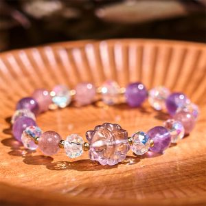 Buddha Stones Amethyst Strawberry Quartz White Crystal Nine Tailed Fox Meditation Bracelet
