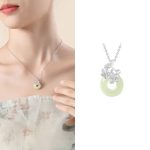 Buddha Stones Hetian Jade 999 Sterling Silver Peace Buckle Peach Blossom Necklace Pendant Necklaces & Pendants BS 12