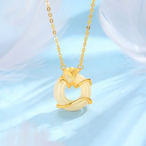 Buddha Stones Hetian Jade 925 Sterling Silver Peace Buckle Ginkgo Leaf Necklace Pendant Necklaces & Pendants BS Golden 925 Sterling Silver Hetian Jade
