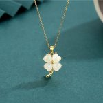 Buddha Stones Hetian Jade 925 Sterling Silver Four Leaf Clover Necklace Pendant Necklaces & Pendants BS Golden 925 Sterling Silver Hetian Jade