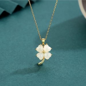 Buddha Stones Hetian Jade 925 Sterling Silver Four Leaf Clover Necklace Pendant Necklaces & Pendants BS Golden 925 Sterling Silver Hetian Jade