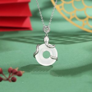 Buddha Stones Chalcedony  Peace Buckle 925 Sterling Silver Fu Character Year Of The Snake Positive Necklace Pendant Necklaces & Pendants BS White Silver