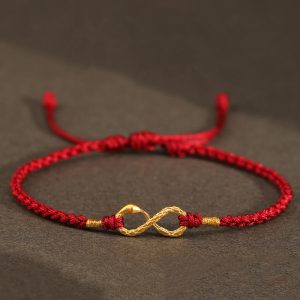 Buddha Stones 999 Gold Year of the Snake Eternal Endless Knot Infinity Handmade Luck Bracelet Bracelet BS 999 Gold Snake Dark Red(Wrist Circumference 14-18cm)