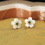 Buddha Stones 925 Sterling Silver Tridacna Stone Jade Flower Blessing Earrings Earrings BS Tridacna Stone Jade 925 Sterling Silver