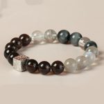 Buddha Stones Black Obsidian Black Rutilated Quartz Moonstone Cube Strength Bracelet Bracelet BS 15