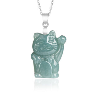 Buddha Stones 925 Sterling Silver Natural Jade Lucky Cat Abundance Necklace Pendant