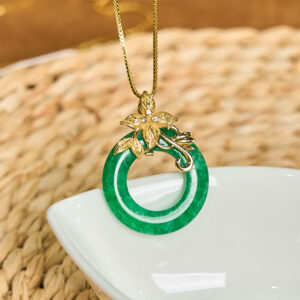 Buddha Stones Cyan Jade Peace Buckle Alloy Flower Healing Luck Necklace Pendant