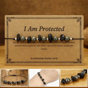 Buddha Stones I Am Protected Iron Pyrite Black Obsidian Fulfillment Bracelet