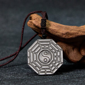 Buddha Stones Silver Sheen Obsidian Bagua Yin Yang Symbol Protection Necklace Pendant