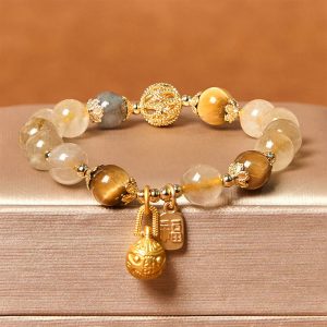 Buddha Stones Natural Rutilated Quartz Fu Character Metal Swallowing Beast Auspiciousness Bracelet