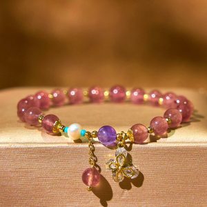 Buddha Stones Natural Strawberry Quartz Green Strawberry Quartz Butterfly Charm Love Bracelet