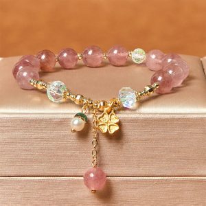 Buddha Stones Natural Strawberry Quartz Four Leaf Clover Healing Bracelet
