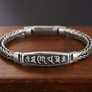 Buddha Stones Tibetan Copper Weave Om Mani Padme Hum Relief Vajra Peace Metal Bracelet