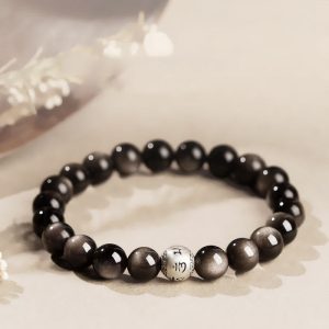 Buddha Stones Natural Silver Sheen Obsidian Om Mani Padme Hum Protection Bracelet