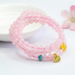 Buddha Stones Pink Crystal Multi-Circle Yellow Chalcedony Lotus Warmth Bracelet