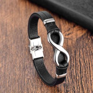 Buddha Stones Endless Knot Titanium Steel Strengthen Leather Buckle Bracelet