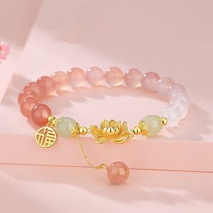 Buddha Stones 925 Sterling Silver Natural Gradient Agate Hetian Jade Lotus Fu Character Enlightenment Bracelet